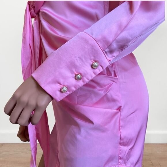 Pink Satin Deep Collar V Neck Tie Front Long Sleeve Mini Dress Small - Picture 5 of 11